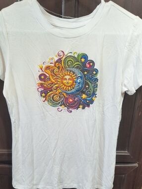 just be White Short Sleeve Tee with Colorful Sun & Moon Graphic